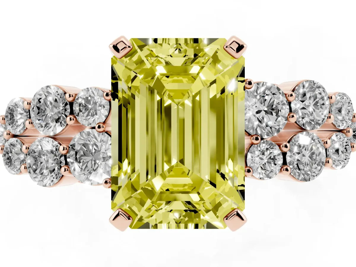 Fancy Yellow Emerald Cut Cluster Diamond Engagement Ring with Pavé Band and Four-Prong Setting Rose gold