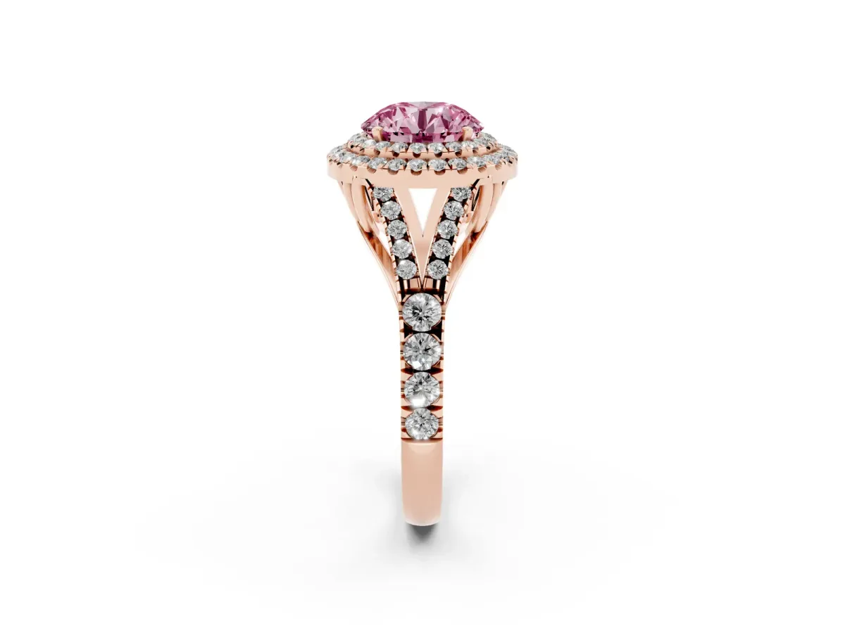 Fancy Pink Double Halo Round Cut Diamond Split Shank Engagement Ring with Four-Prong Setting Rose gold