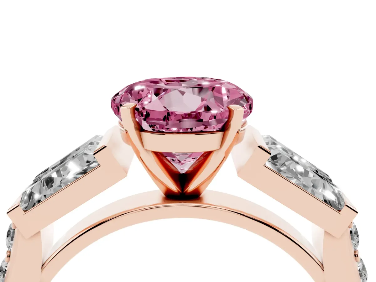 Fancy Pink Round Cut Diamond Engagement Ring with Baguette Side Stones and Channel Set Band Rose gold