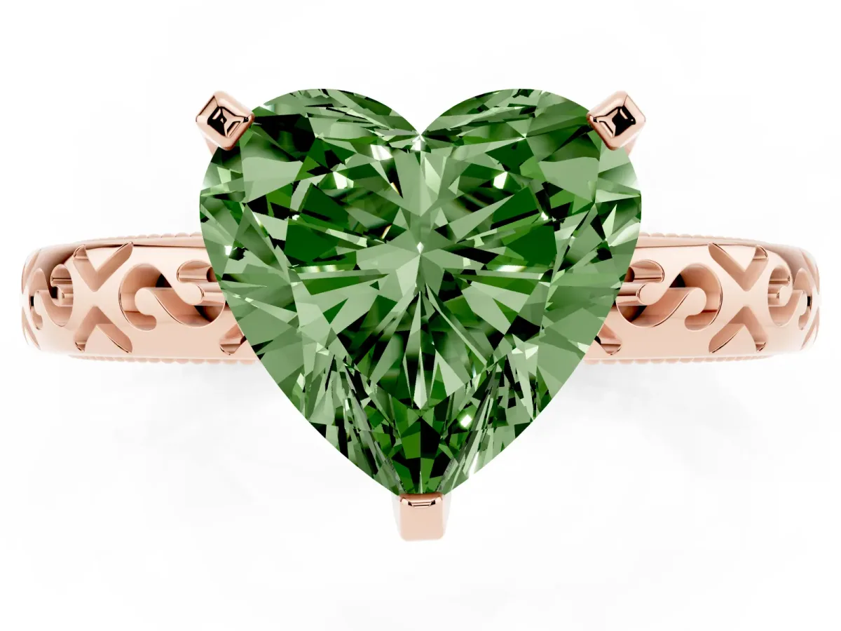 Fancy Green Heart Cut Solitaire Engagement Ring with Scrollwork Band and Four-Prong Setting Rose gold