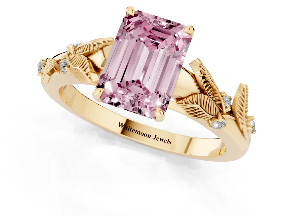 Fancy Pink Emerald Cut Diamond Solitaire Ring with Leaf Motif Band and Four-Prong Setting Yellow gold