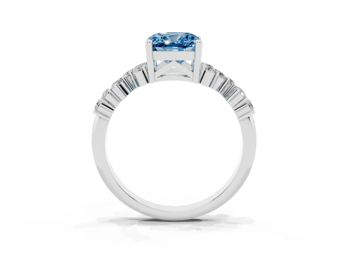 Fancy Blue Cushion Cut Diamond Scattered Round Accent Ring with Prong Setting Platinum