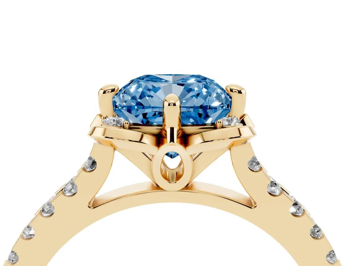 Fancy Blue Cushion Cut Diamond Ring with Pavé Band and Floral Prong Setting Yellow gold