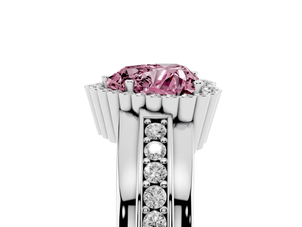 Fancy Pink Heart Cut Cut Halo Pave Band Four-Prong Ring Silver