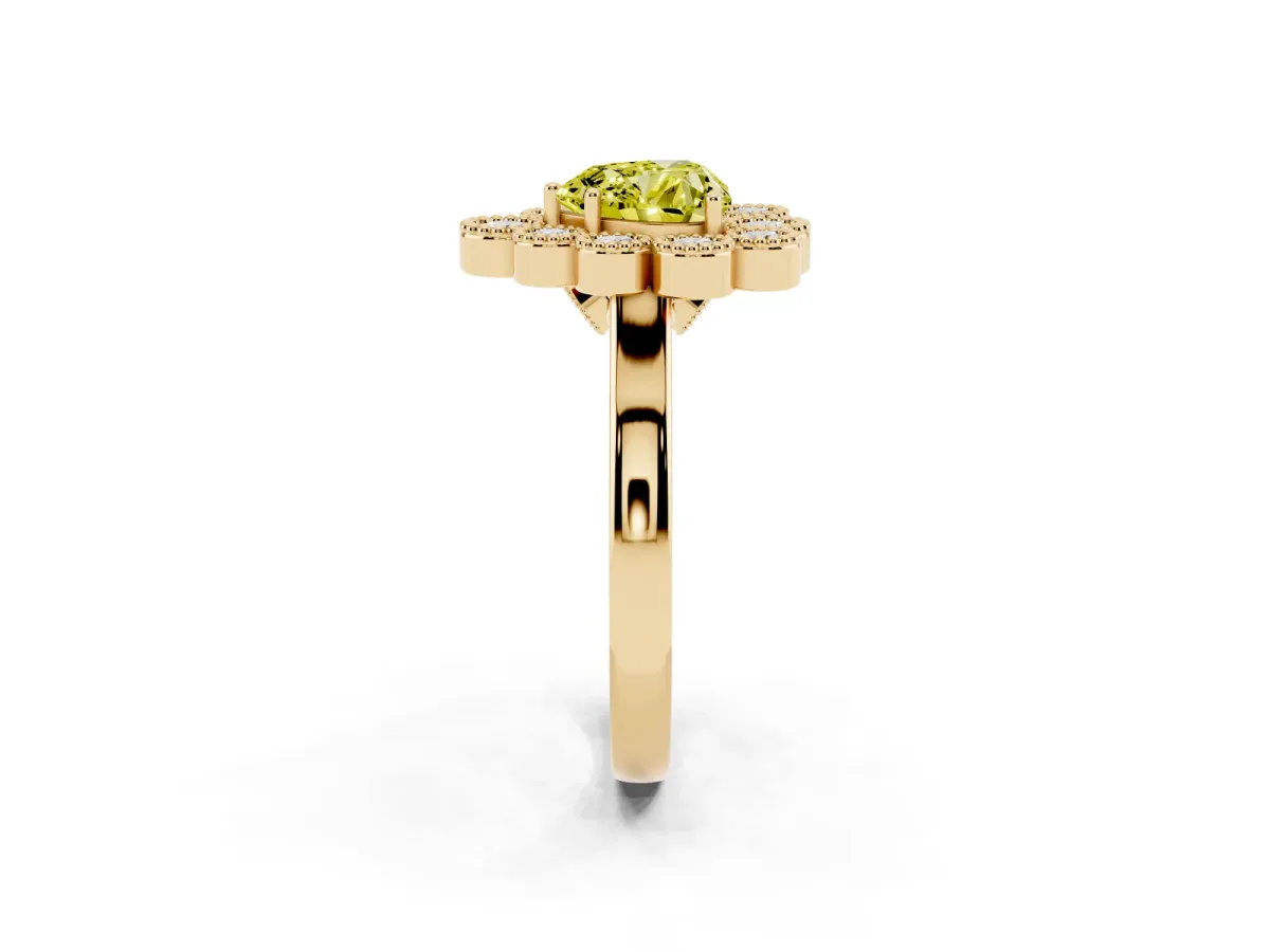 Fancy Yellow Heart Cut Halo Diamond Cluster Engagement Ring with Milgrain Bezel Setting and Solitaire Band Yellow gold