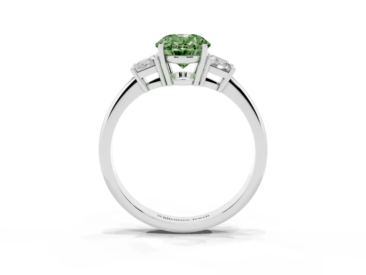 Fancy Green Oval Cut Diamond Three-Stone Ring with Trapezoid Side Stones and Prong Setting Platinum