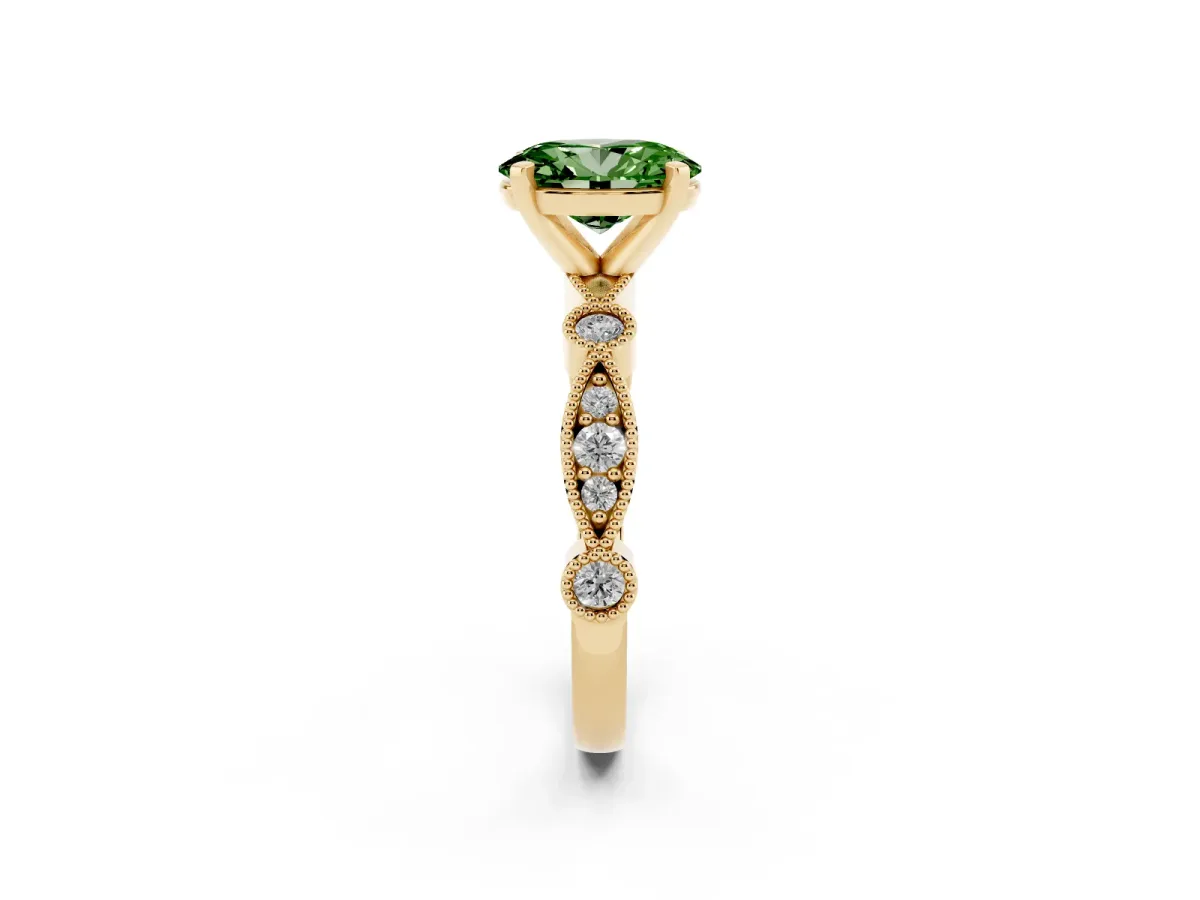 Fancy Green Oval Cut Milgrain Bezel Diamond Engagement Ring with Solitaire Prong Setting Yellow gold