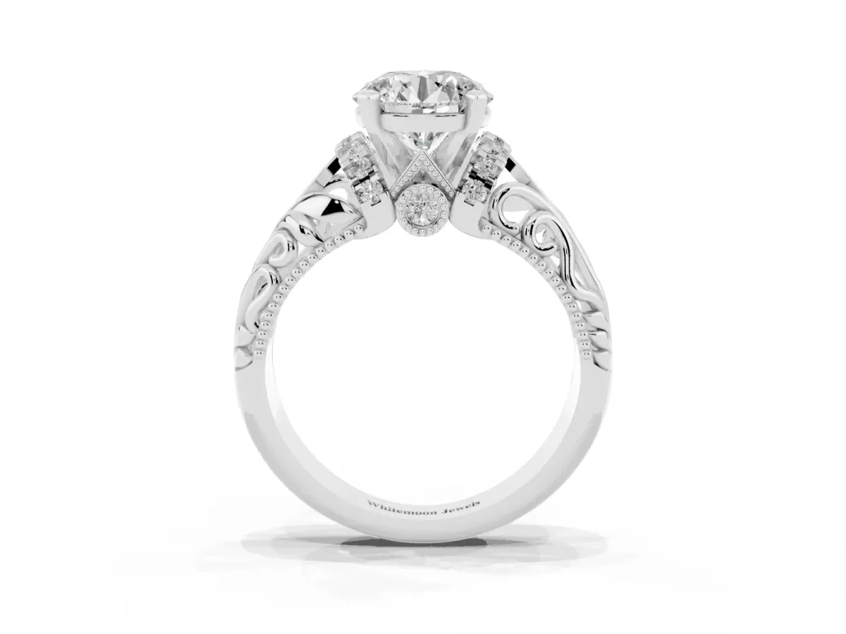 Round Cut Solitaire Filigree Engagement Ring with Halo and Prong Setting Platinum