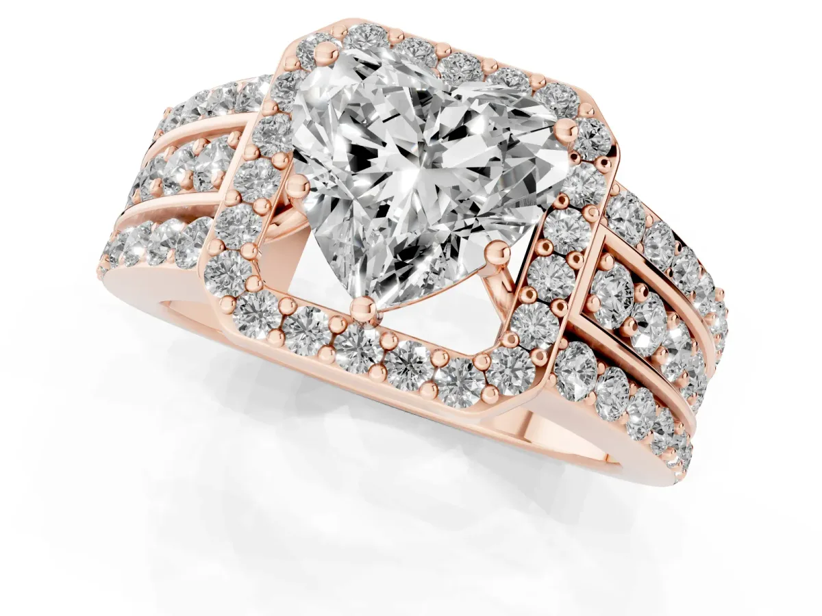 Heart Cut Halo Diamond Ring with Round Split Shank and Prong Setting Rose gold
