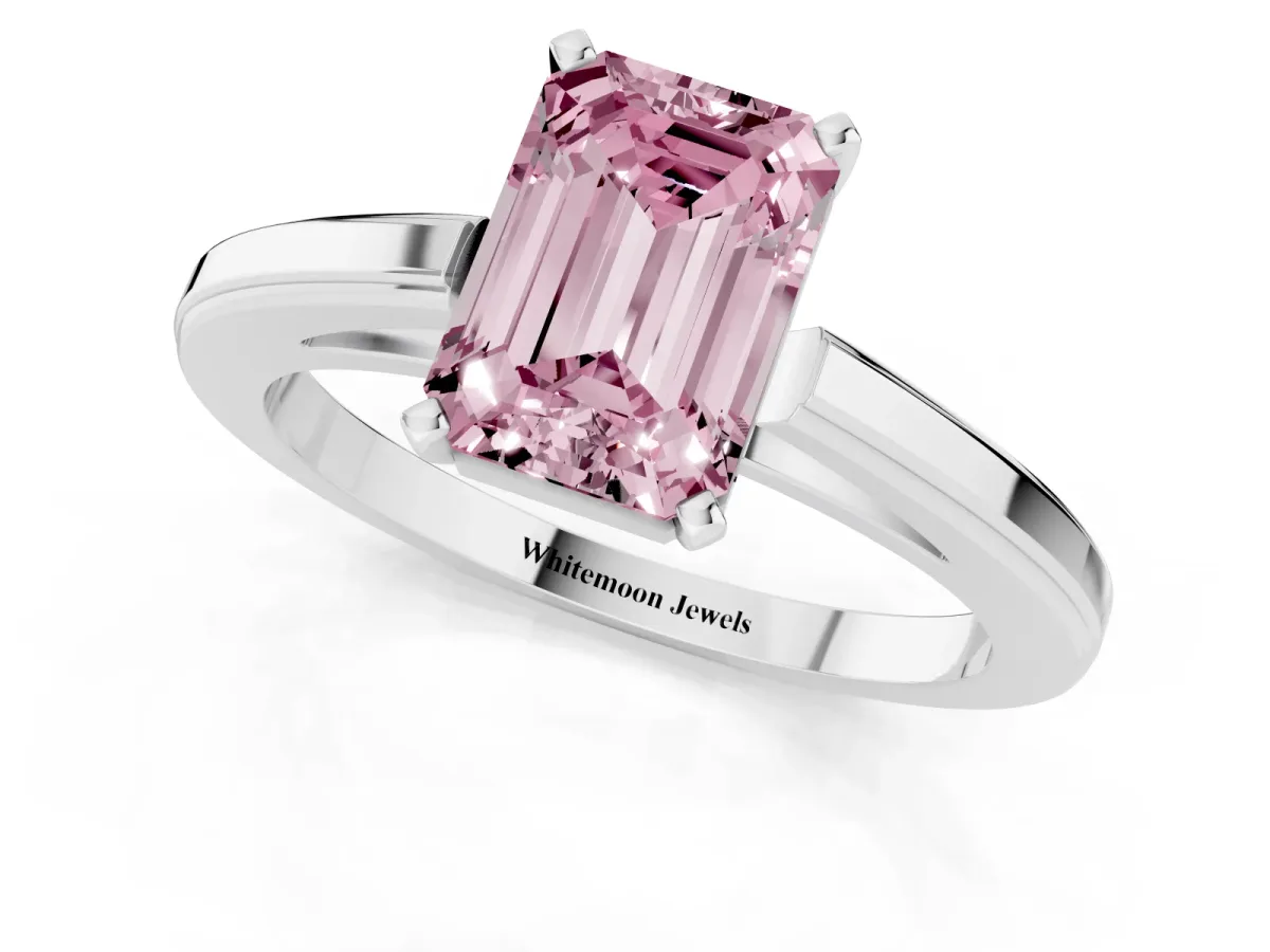 Fancy Pink Emerald Cut Solitaire Diamond Ring with Four-Prong Setting and Classic Band Silver