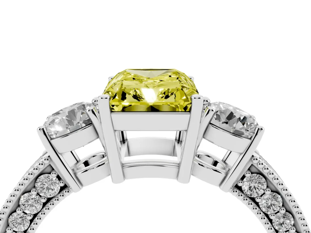 Fancy Yellow Radiant Cut Three-Stone Diamond Ring with Pavé Band and Four-Prong Setting Silver