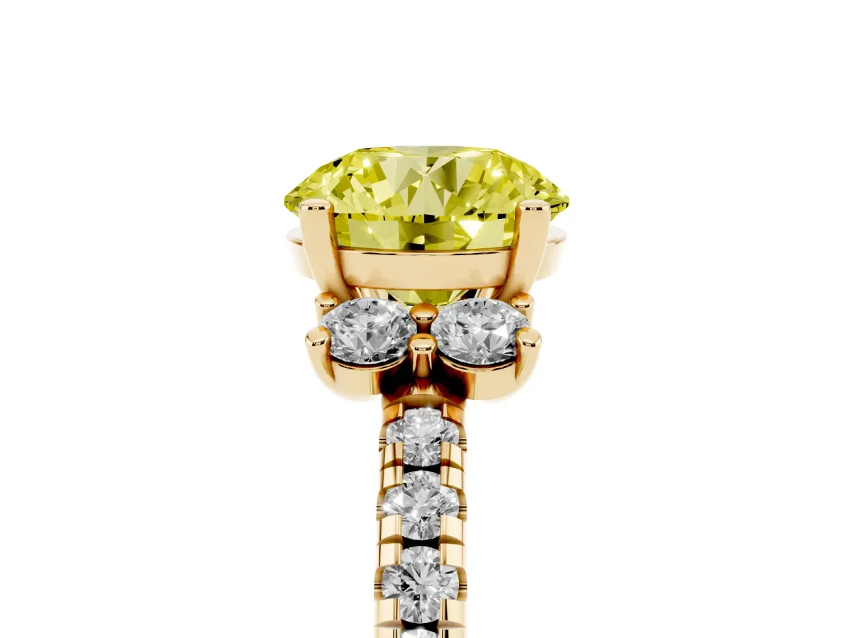 Fancy Yellow Round Cut Diamond Three-Stone Pave Band with Four-Prong Setting Yellow gold