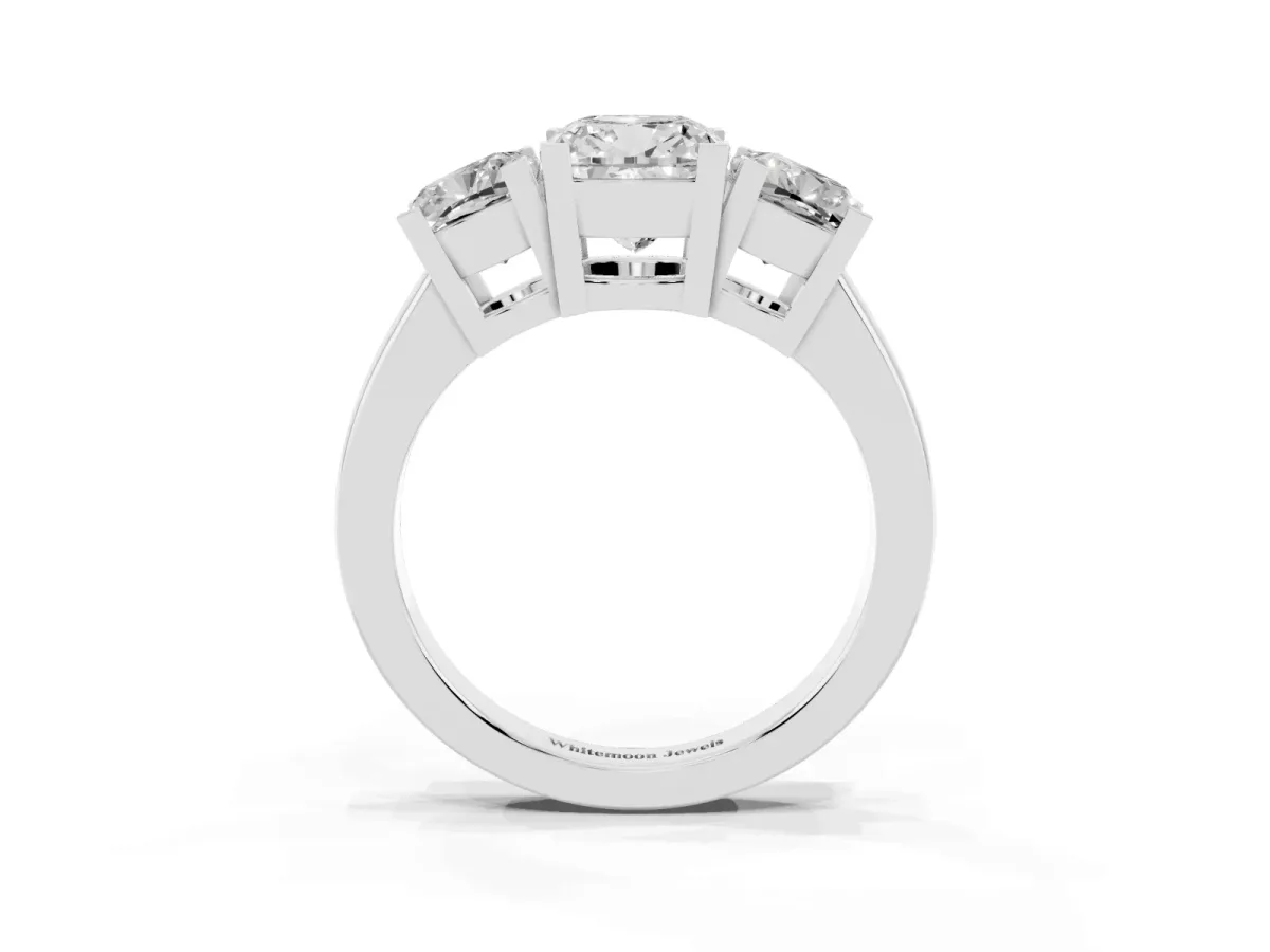 Three-Stone Cushion Cut Cut Diamond Ring with Channel Set Band and Four-Prong Setting Silver
