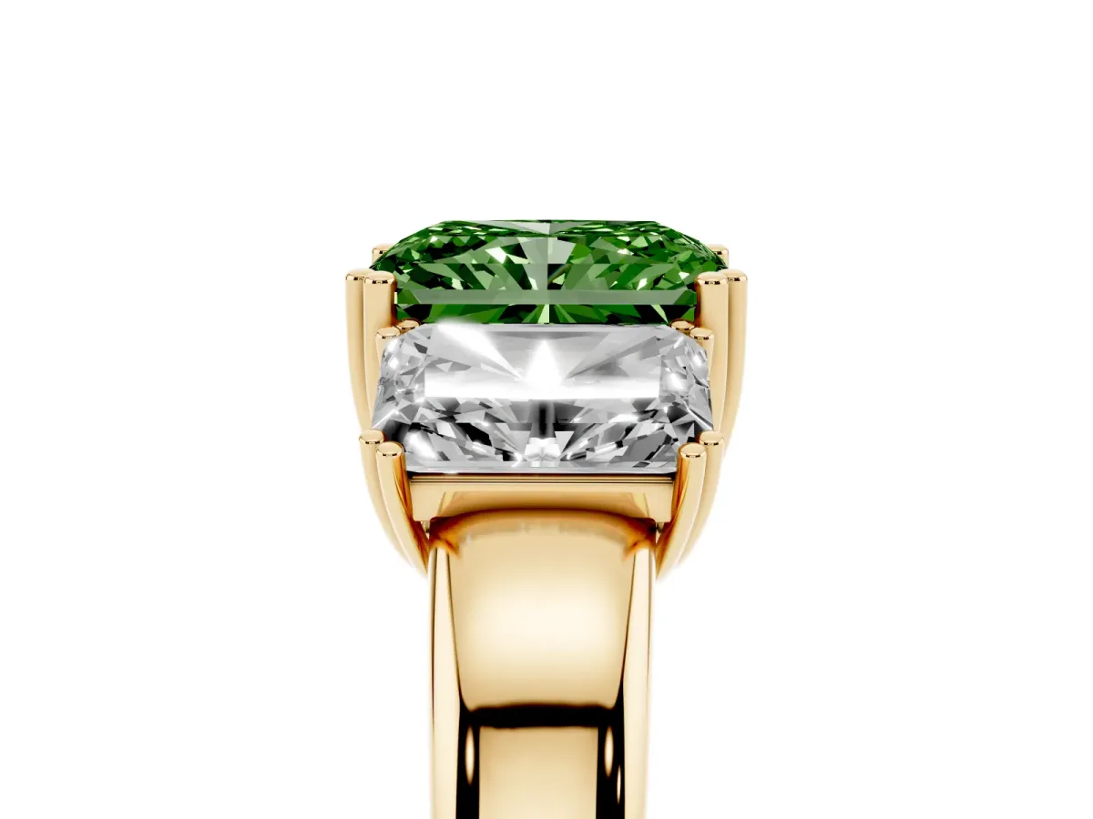 Fancy Green Three-Stone Radiant Cut Cut Diamond Ring with Channel Set Band and Four-Prong Setting Yellow gold