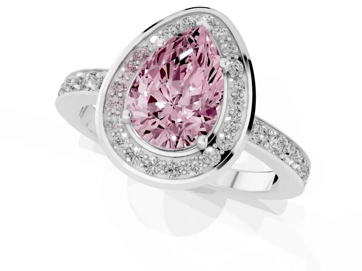 Fancy Pink Pear Cut Diamond Halo Ring with Bezel Frame and Pavé Band Silver