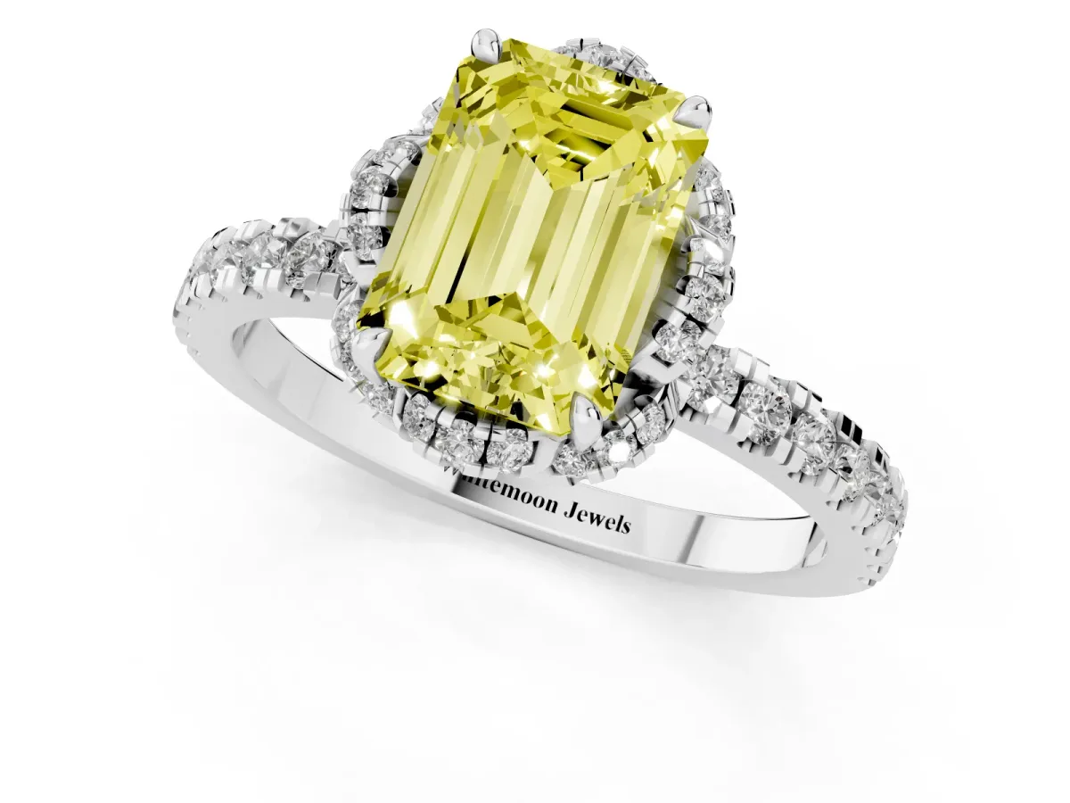Fancy Yellow Emerald Cut Halo Diamond Pave Band Ring with Four-Prong Setting Silver