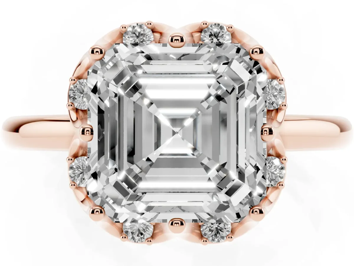Asscher Cut Halo Diamond Ring with Round Cluster Setting, Solitaire Band, and Four-Prong Setting Rose gold