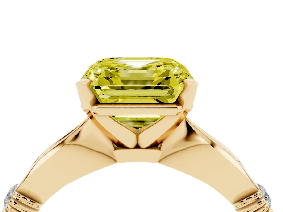 Fancy Yellow Asscher Cut Solitaire Diamond Twisted Band with Four-Prong Setting Yellow gold