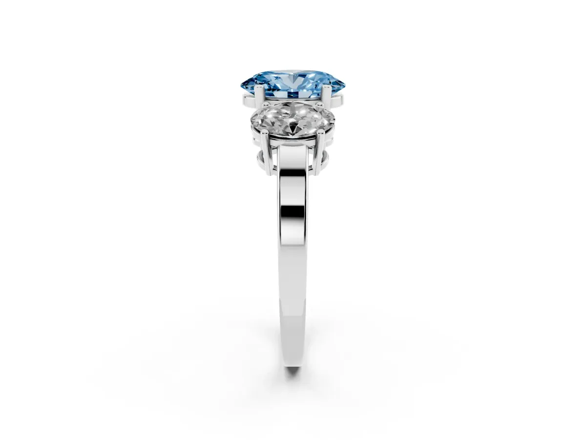 Fancy Blue Three-Stone Oval Cut Cut Diamond Engagement Ring with Flat Band and Four-Prong Setting Silver