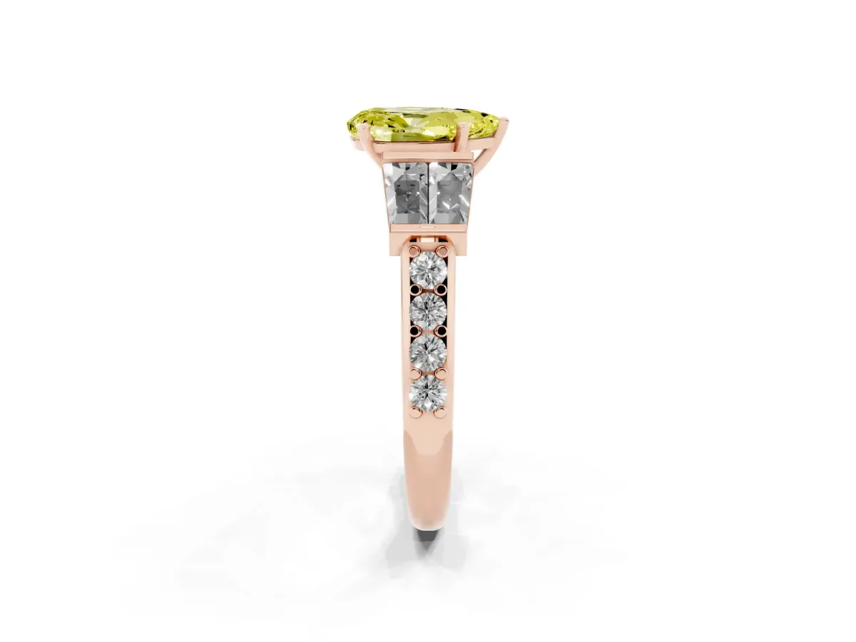 Fancy Yellow Pear Cut Diamond Engagement Ring with Baguette Side Stones and Channel Set Band Rose gold