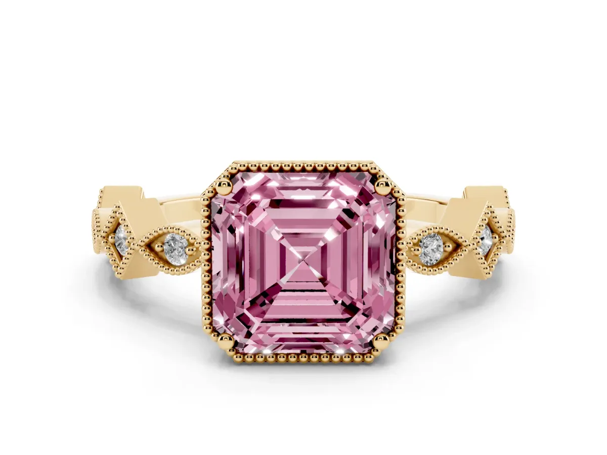 Fancy Pink Asscher Cut Milgrain Marquise Diamond Twist Band Ring Yellow gold