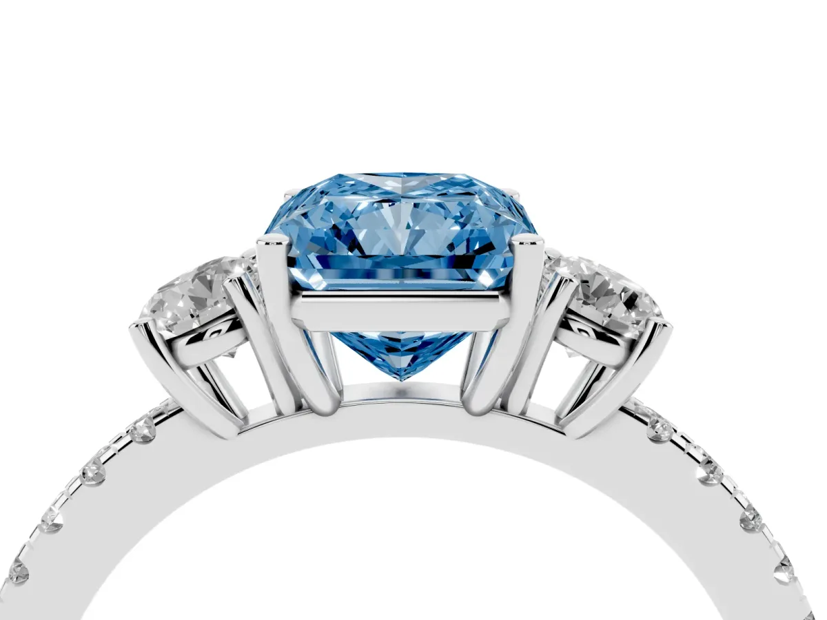 Fancy Blue Three-Stone Radiant Cut Cut Diamond Pavé Band with Prong Setting Platinum