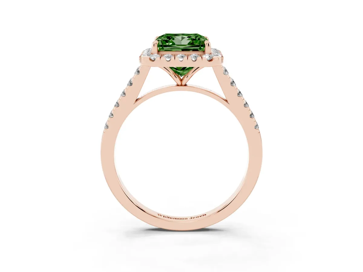 Fancy Green Princess Cut Halo Pave Diamond Engagement Ring with Four-Prong Setting Rose gold