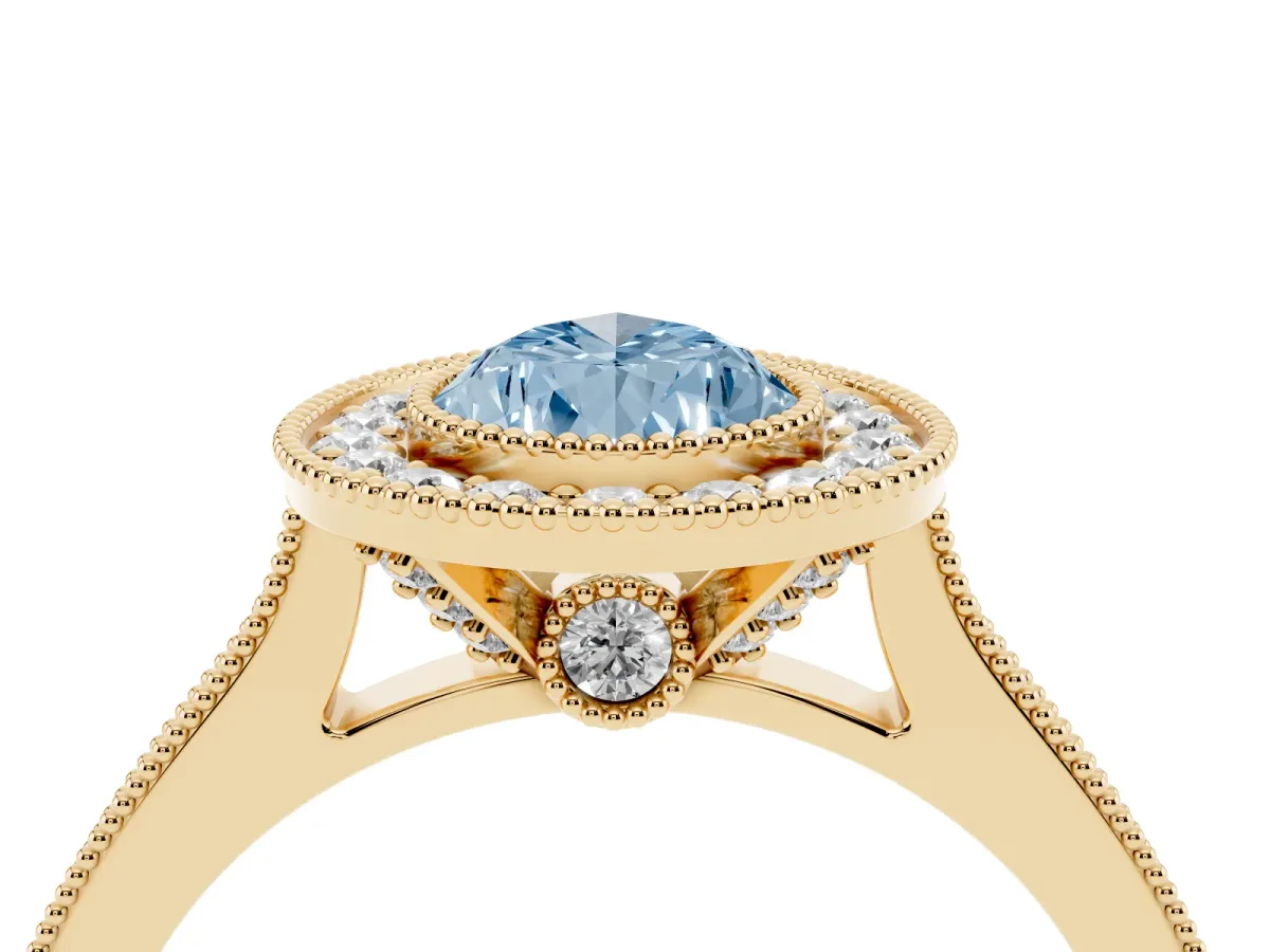 Fancy Blue Halo Pear Cut-Cut Diamond Pave Band Milgrain Prong Setting Ring Yellow gold