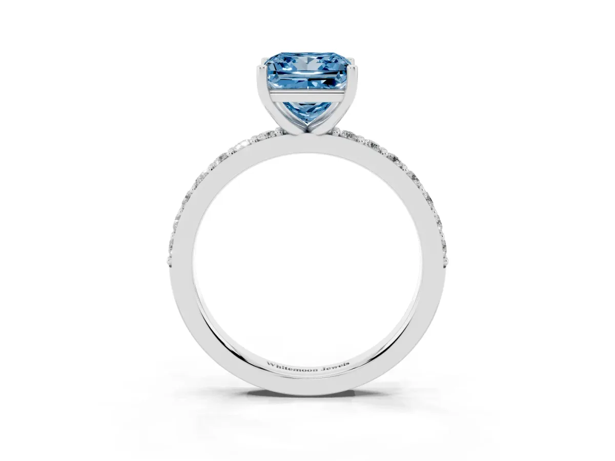 Fancy Blue Princess Cut Cut Diamond Solitaire with Pave Band and Four-Prong Setting Platinum