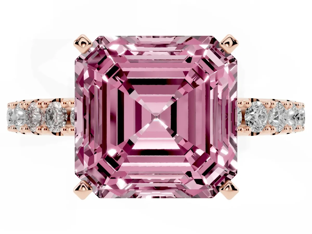 Fancy Pink Asscher Cut Diamond Solitaire Pavé Band with Four-Prong Setting Rose gold