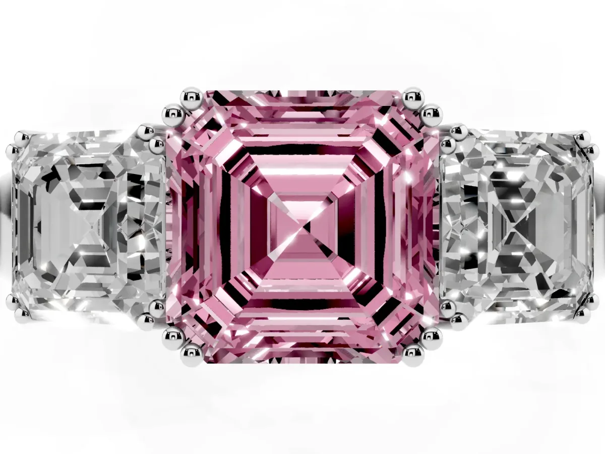 Fancy Pink Three-Stone Asscher Cut Cut Diamond Ring with Channel Set Band and Four-Prong Setting Silver