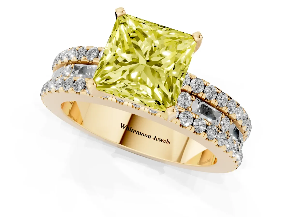 Fancy Yellow Princess Cut Diamond Solitaire Ring with Pavé and Channel Set Band Yellow gold