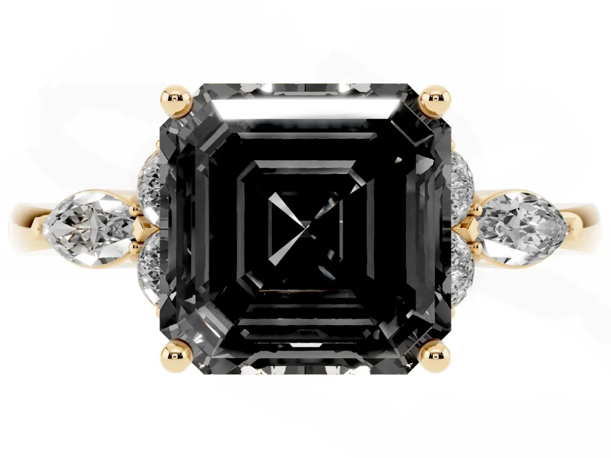 Fancy Black Asscher Cut Brilliant Diamond Solitaire Ring with Pear Side Stones and Four-Prong Setting Yellow gold