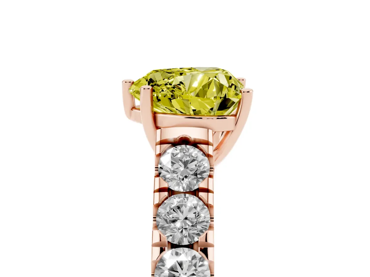 Fancy Yellow Heart Cut Cut Diamond Solitaire Ring with Micro Pave Band and Prong Setting Rose gold