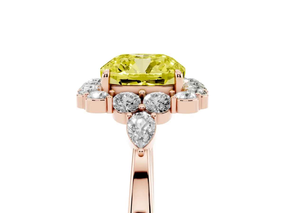 Fancy Yellow Cushion Cut Diamond Halo Ring with Pear Side Stones and Prong Setting Rose gold