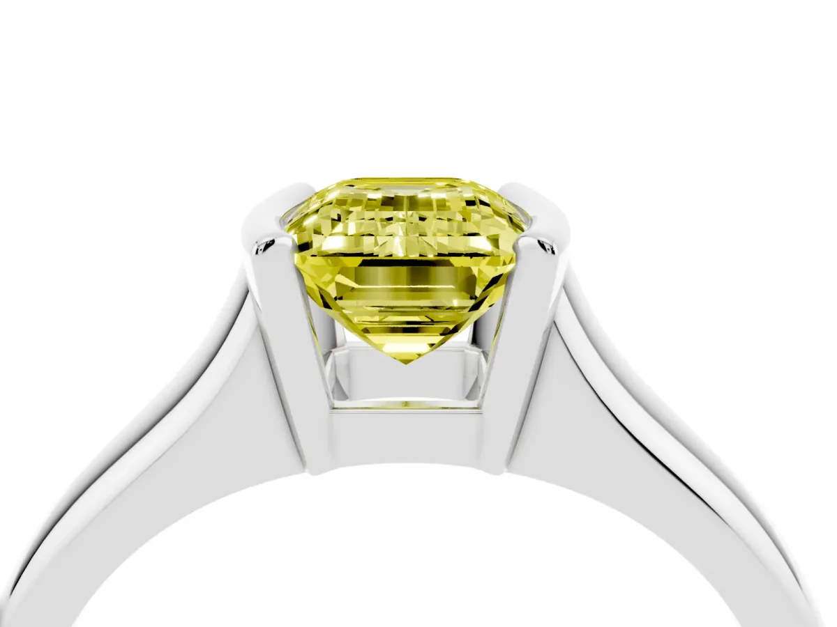 Fancy Yellow Emerald Cut Solitaire Tension Set Diamond Ring with Split Shank Band Silver