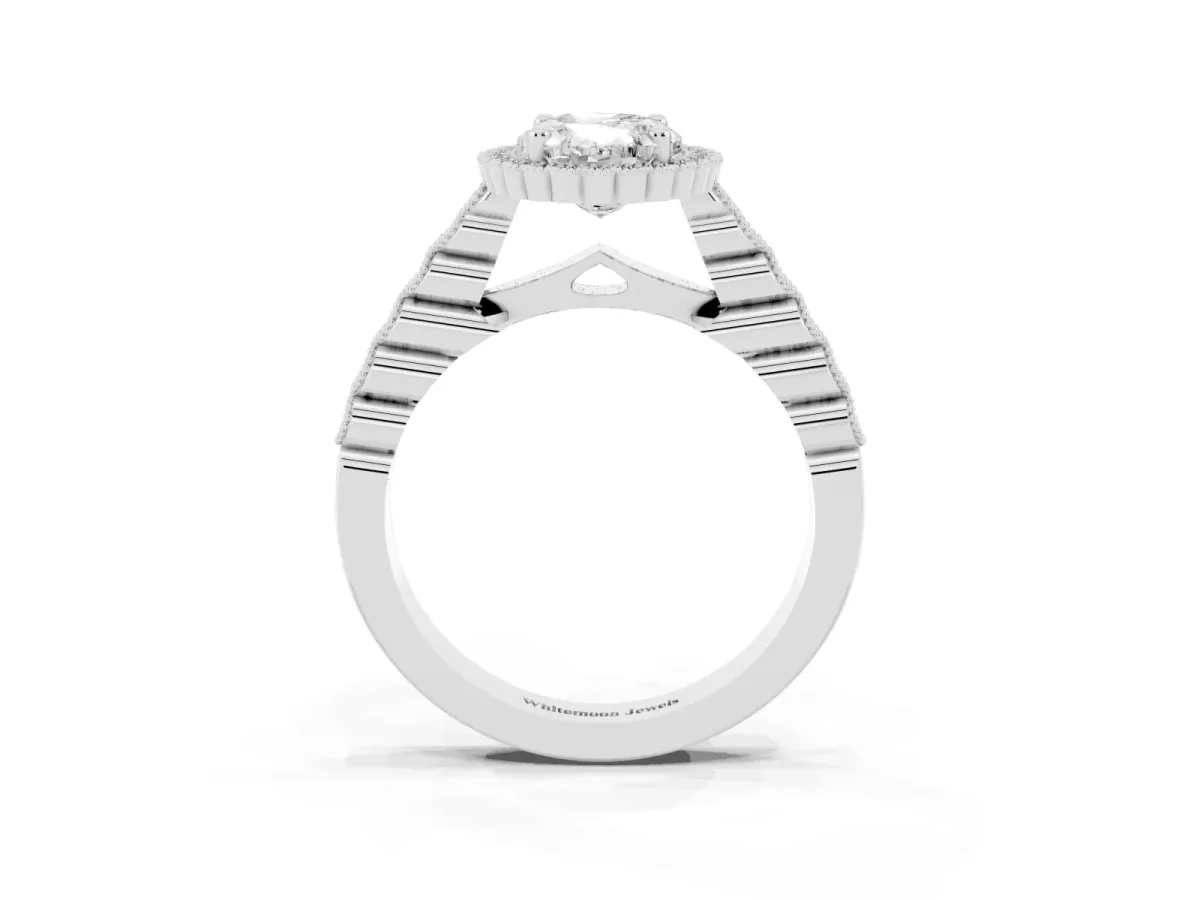 Oval Cut Cut Halo Pavé Solitaire Ring with Milgrain Band Silver
