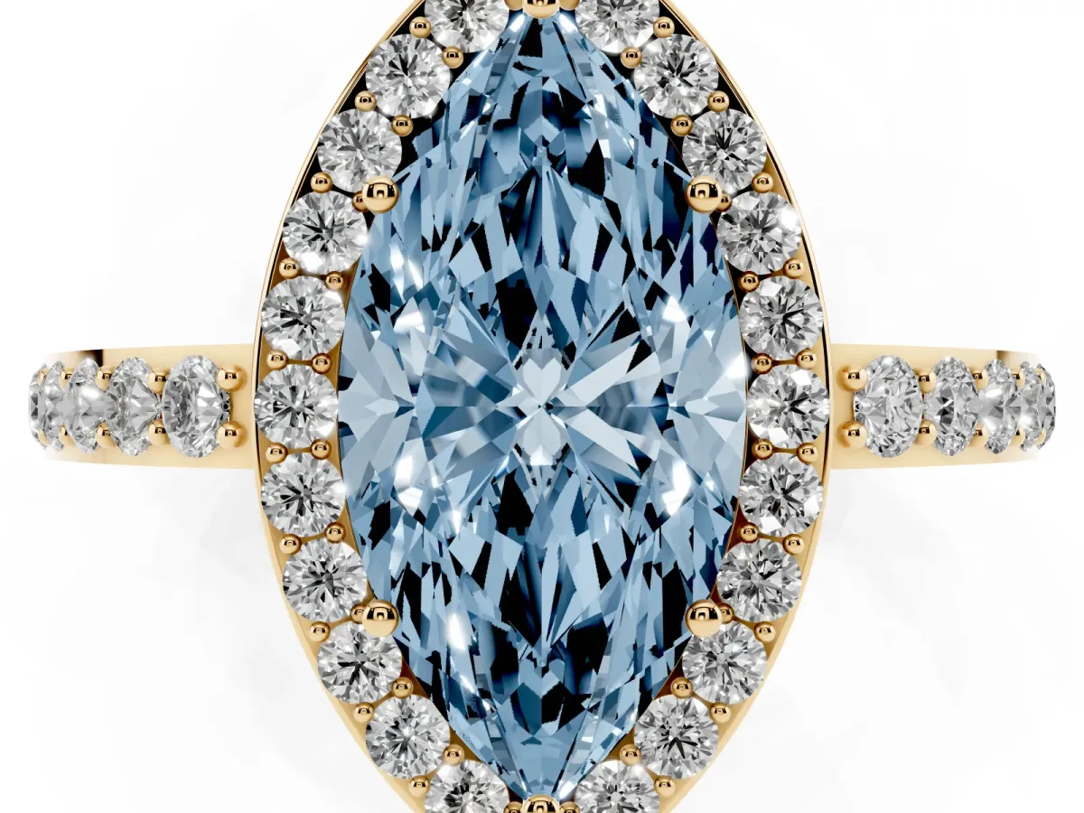 Fancy Blue Marquise Cut Halo Diamond Pavé Band Ring with Prong Setting Yellow gold