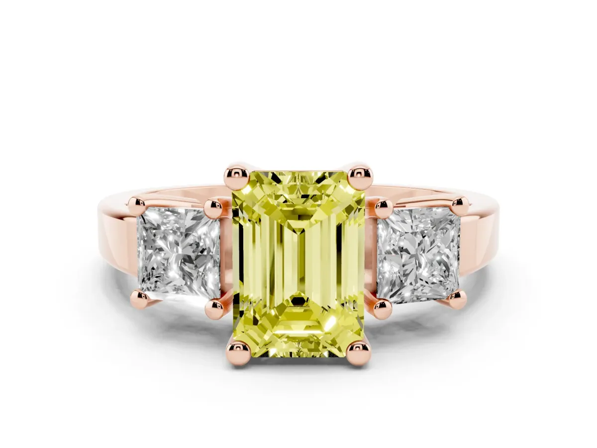Fancy Yellow Three-Stone Emerald Cut Cut Solitaire Ring with Prong Setting Rose gold