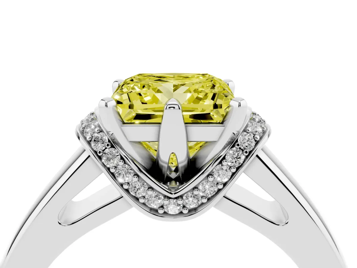 Fancy Yellow Princess Cut Solitaire Diamond Ring with Pave Band and Six-Prong Setting Platinum
