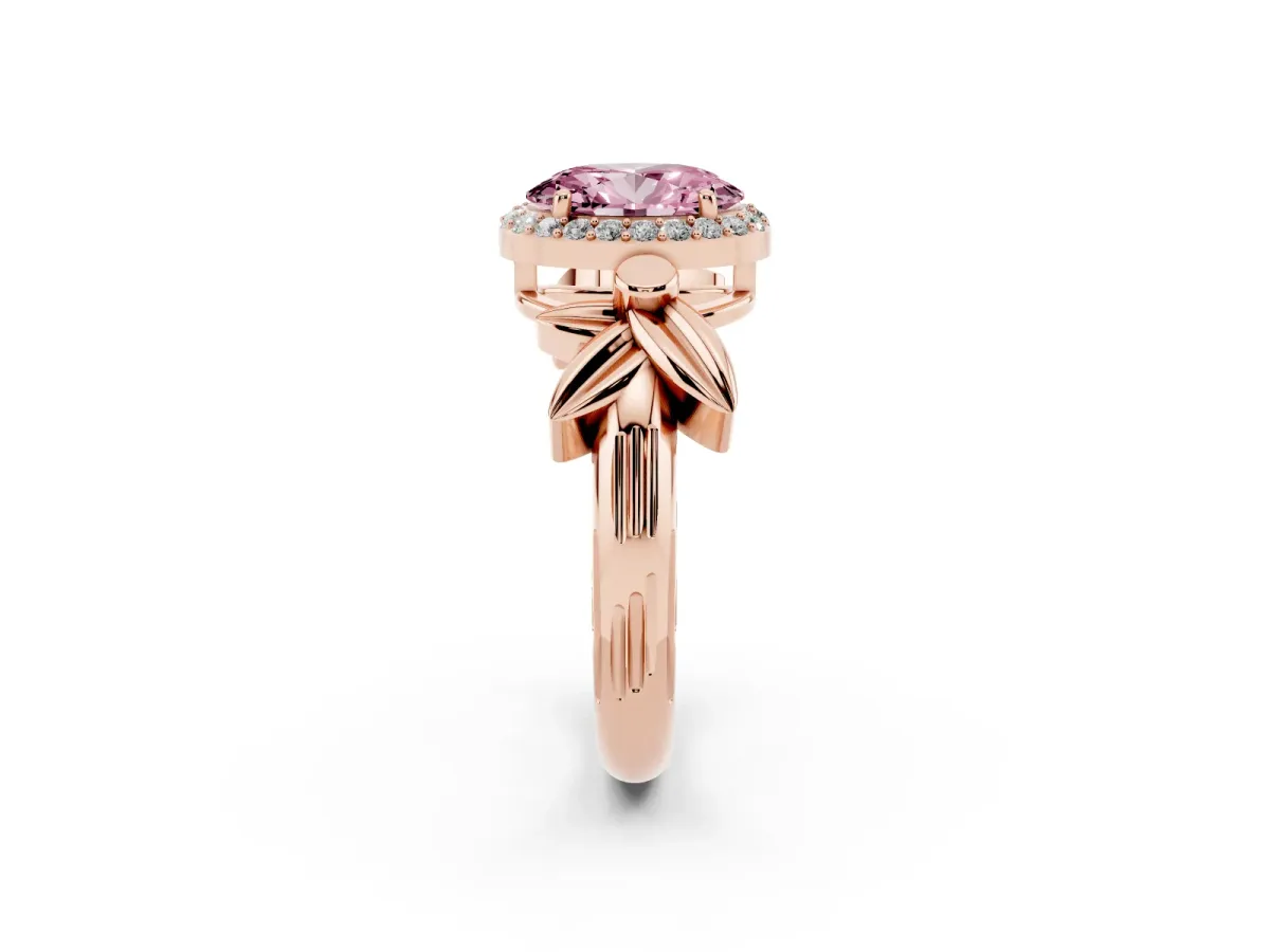 Fancy Pink Oval Cut Halo Diamond Floral Band with Four-Prong Setting Rose gold