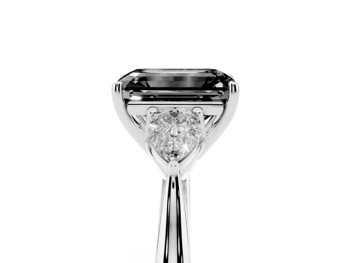 Fancy Black Three-Stone Emerald Cut Brilliant Diamond Solitaire Ring with Tapered Band and Four-Prong Setting Platinum