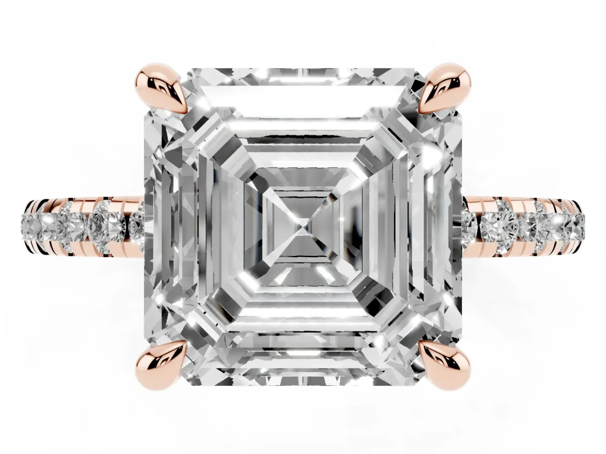 Asscher Cut Diamond Brilliant Solitaire Ring with Pavé Band and Four-Prong Setting Rose gold