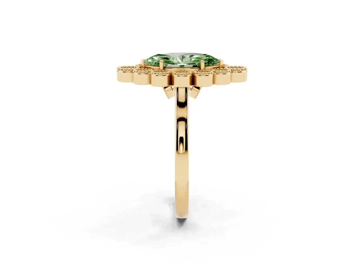 Fancy Green Marquise Cut Halo Diamond Cluster Engagement Ring with Milgrain Bezel Setting and Solitaire Band Yellow gold