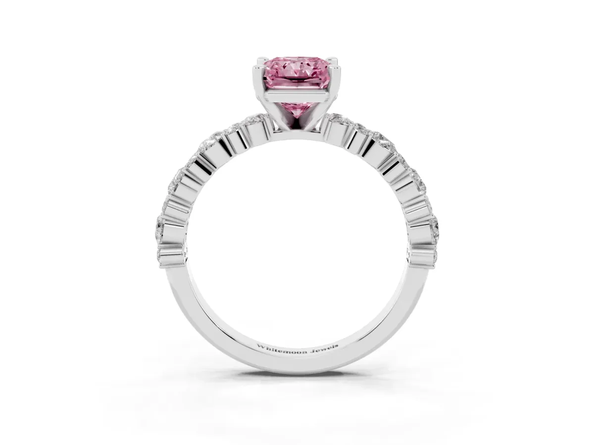 Fancy Pink Radiant Cut Diamond Side Stone Solitaire Ring with Round and Four-Prong Setting Silver