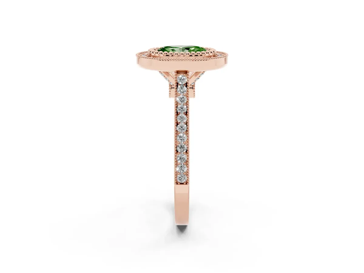 Fancy Green Oval Cut Diamond Halo Ring with Milgrain Frame and Pavé Band Rose gold