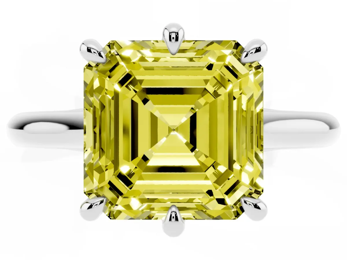 Fancy Yellow Asscher Cut Solitaire Engagement Ring with Six-Prong Setting and Classic Band Silver