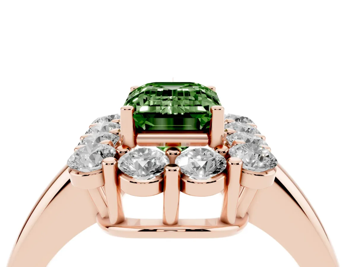 Fancy Green Emerald Cut Halo Cluster Diamond Engagement Ring with Prong Setting and Polished Band Rose gold