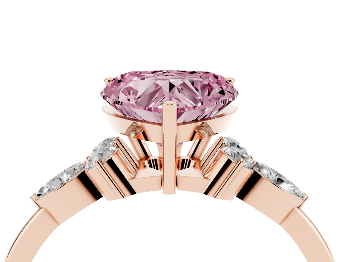 Fancy Pink Heart Cut Brilliant Diamond Solitaire Ring with Pear Side Stones and Four-Prong Setting Rose gold