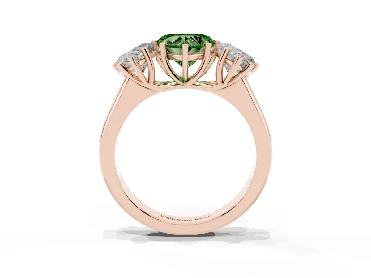 Fancy Green Heart Cut Three-Stone Diamond Ring with Prong Setting on a Classic Band Rose gold